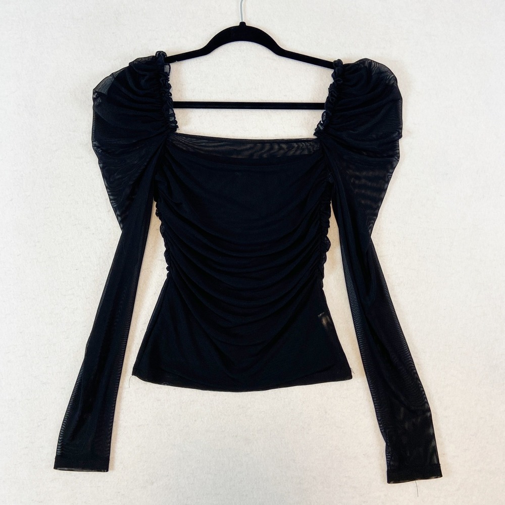 SHEIN Top Black Sheer Ruched Mesh Long Sleeve Y2K Whimsgoth Womens Small Bodycon - Picture 3 of 7